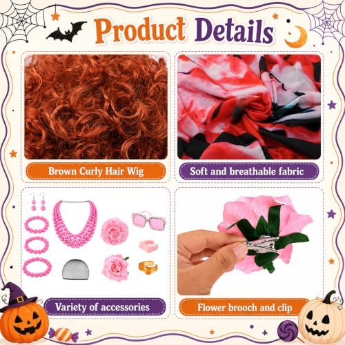 Halloween Women Landlady Costume Caftan Dress Curly Wig Jewelry & Sunglass