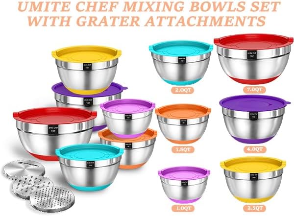 Umite Chef Thickened Heavy-Duty 26pcs Stainless Steel Bowl, Mixing Bowl Set with Lid, Grater Attachment, Colorful Non-Slip Bottom and Kitchen Gadget Set, Sizes 7, 4, 2.5, 2.0, 1.5, 1QT