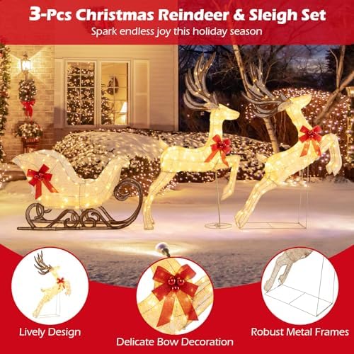 Tangkula 3-Piece Christmas Lighted Reindeer & Sleigh Set, Gold