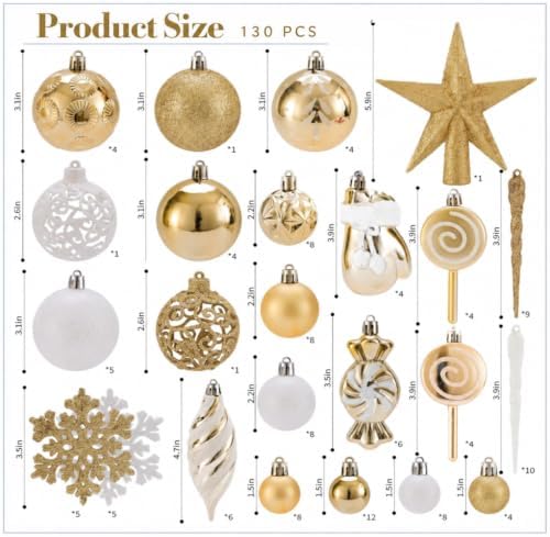 130 Pcs Gold & White Christmas Ball Ornaments, Shatterproof