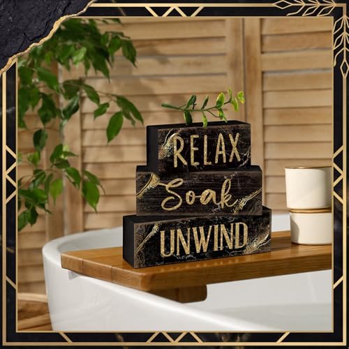 Moucuny 4 Pcs Black Gold Bathroom Signs Relax Soak Unwind Wooden