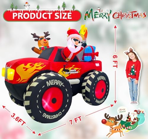 EAONE 7FT Christmas Inflatable Outdoor Decoration, Inflatable Santa Claus & Reindeer on Monster Truck, Blow Up Yard Decorations LED Lighted for Yard, Garden, Lawn, Home Xmas Holiday Decor