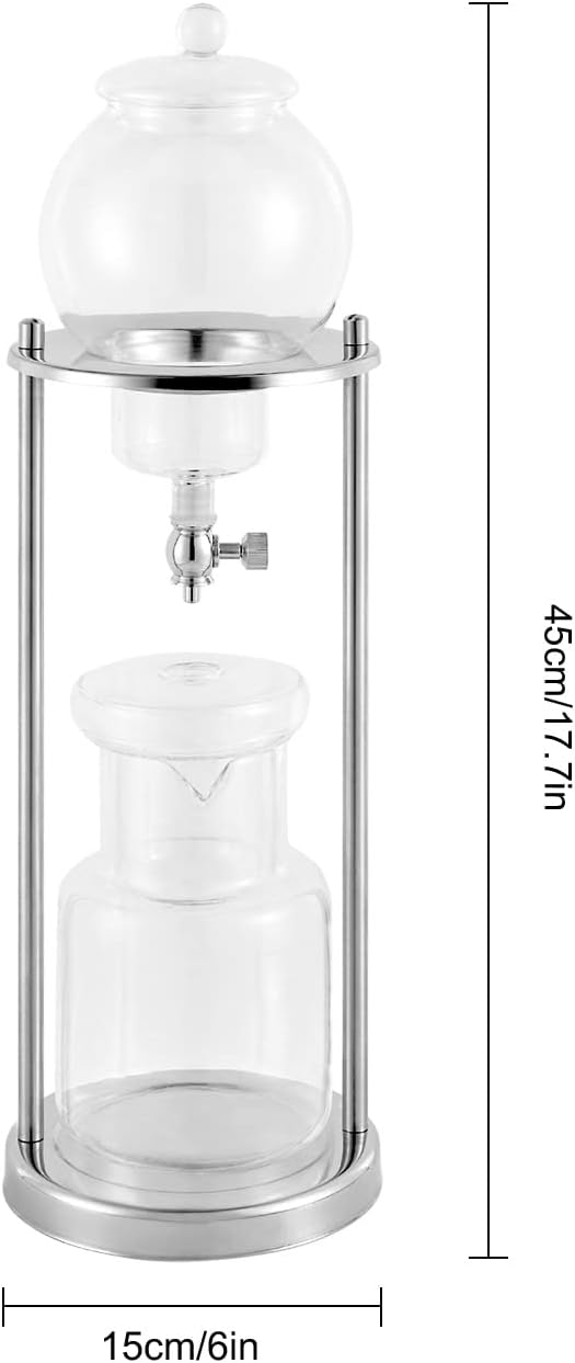 Cold Brew Coffee Maker, 600ml/20.3Oz Iced Coffee Maker Machine Slow Drip Tower, Stainless Steel Ice Dripper Coffee Maker Machine with Measuring Spoon, 6-8 Cups, for Home, Office, Cafes (Silver)
