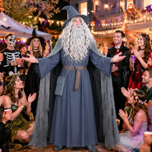 Grey Wizard Costume Set, Medieval Old Mage Fancy Dress Outfit with Hooded Cape, Long Robe, Wizard Hat, Wig & Beard, Belt and Crossbody Bag, Halloween Cosplay Party Dress-up Supplies for Men