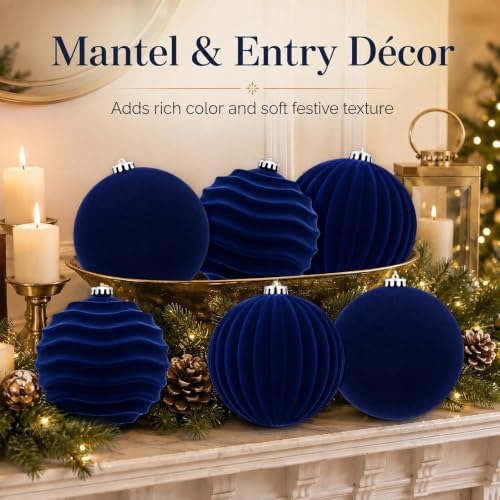 Hollowfly 6 pcs 6 Inch Navy Blue Large Velvet Christmas Balls Ornaments