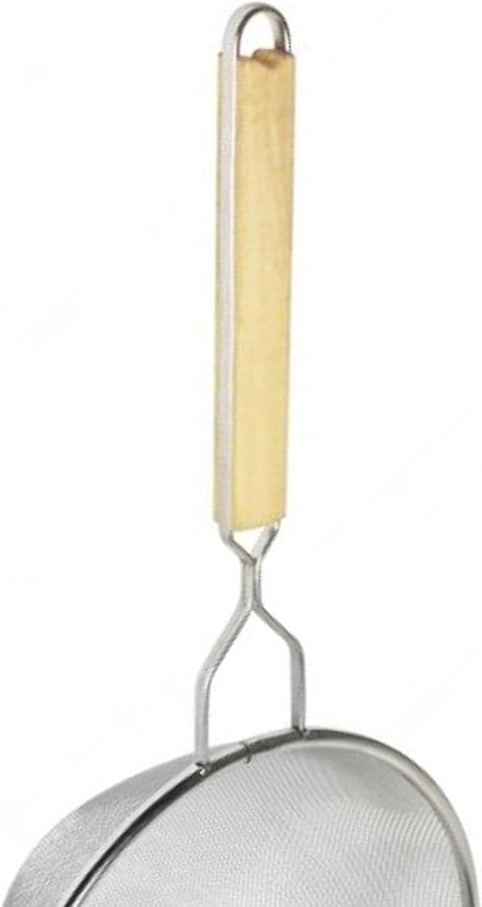 TrueCraftware- 10-Inch Single Medium Mesh Strainer Stainless Steel 10-3/4" Handle Length Wooden Handle- Kitchen Utensil Food Strainer Skimmer Spoon for Cooking Sieve Sifters Pasta Fruits Vegetable