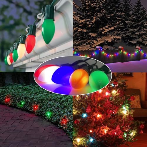 SUNSGNE C9 LED Christmas Lights Outdoor 25FT Multicolor String Lights with 27 0.6W LED Plastic Bulbs(2 Spare) for Patio Garden Roofline Backyard Décor, Green Wire
