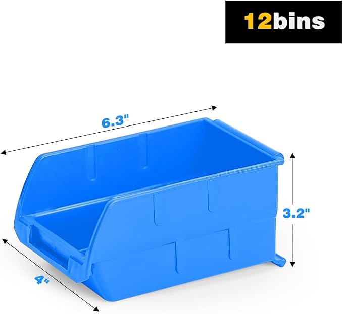 Ultrawall Wall Mounted Storage Bins, Plastic Hanging Storage Organizer Bins, Garage Tool Storage System for Screws, Nuts, Bolts, Nails, and Small Hardware Parts, 12x bins & 3 x rails, Blue