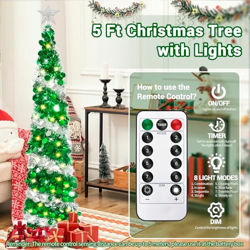 HISFFOG 5FT Pop Up Christmas Tree with 8 Rmote Lights Modes - Dual Color Sequin Tinsel Christmas Tree, Collapsible Artificial Pencil Christmas Trees Decorations for Home, Apartment, Office, Party