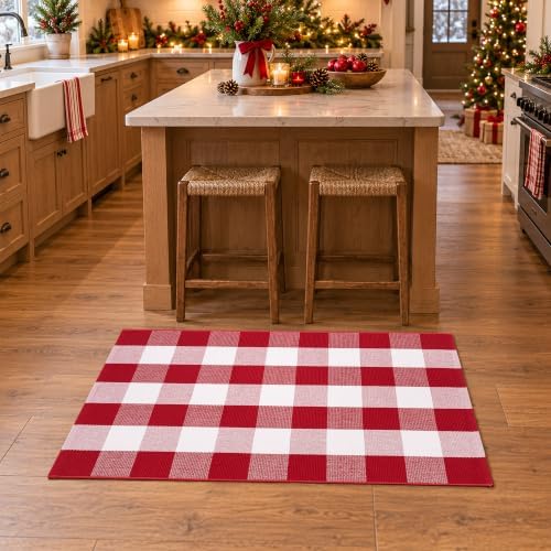 Christmas Red and White Plaid Door Mat, 28 x 43 Inches Cotton Hand-Woven Layered Entry Mat for Front Porch, Entryway, Outdoor Holiday Decor, Washable Buffalo Check Doormat for Home, Patio, Kitchen