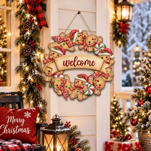Gingerbread Christmas Decorations Welcome Wreath Wooden Front Door Sign