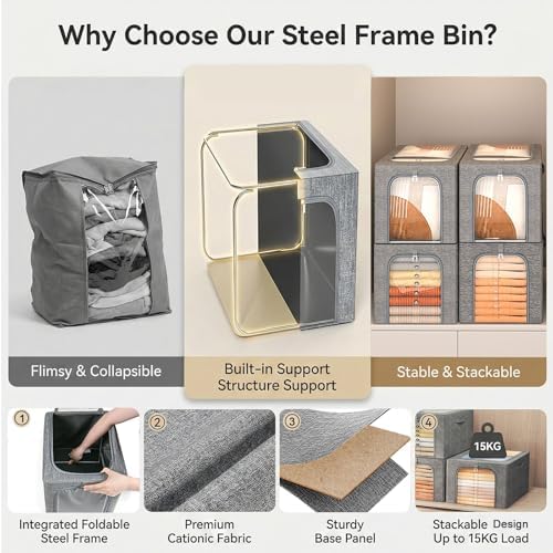 GoMaihe Blanket Storage Bins with Metal Frame for Closet, 55L 4-Pack Grey