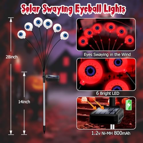 Kohlrabi Halloween Decorations Outdoor, 6 Pack 36 LED Solar Red Scary Eyeball Swaying Lights, Solar Firefly Light Waterproof Outdoor Lights for Yard Garden Party