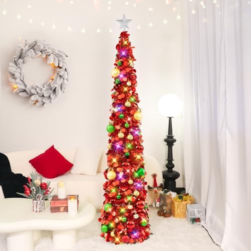N&T NIETING Pop Up Christmas Tree with Lights & Ornaments, 6FT, Red