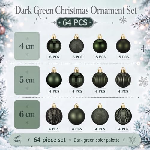 Lunmon 64 Pcs Dark Green Christmas Ball Ornaments Forest Green Xmas Baubles