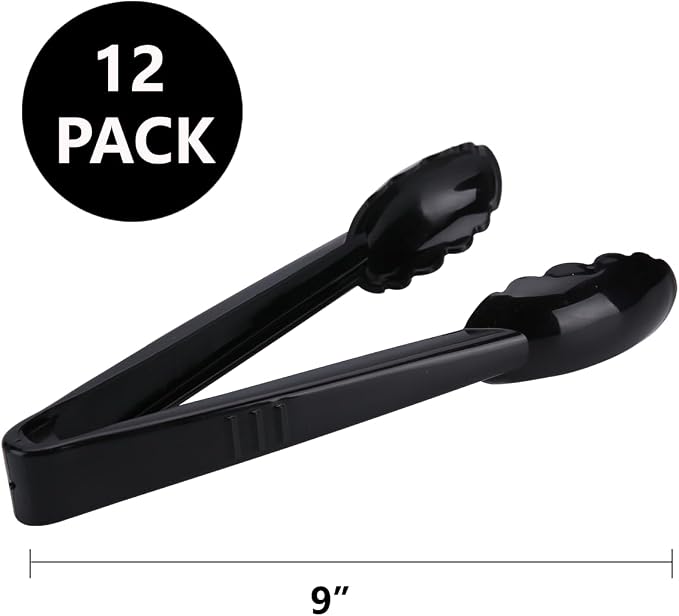 Plastic Tongs for Kitchen, Disposable Utensils Set, 12 Pieces, 9 Inch Heavy Duty Scalloped Salad Serving Tongs, Food Safe Material, Perfect for Buffets and BBQ (12, Black)