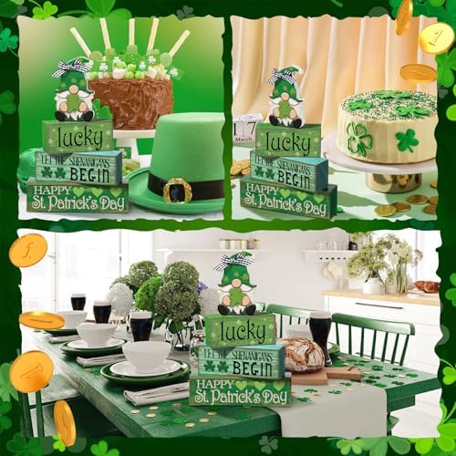 Moucuny 4 Pcs St. Patrick's Day Wood Signs Gnome Tiered Tray Table Decor