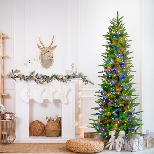 Fraser Hill Farm 9-Ft. Carmel Pine Slim Artificial Christmas Tree with Dual Multicolor & Warm White LED Lights and Stand, Prelit Foldable Fake Tree with Realistic Foliage for Home Decoration
