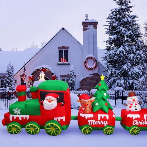 10.7 FT Christmas Inflatables Train with Santa Claus Reindeer Snowman Christmas Tress Built-in LED Lights Blow Up Christmas Decor for Christmas Party Holiday Outdoor Garden Lawn Yard Decorations