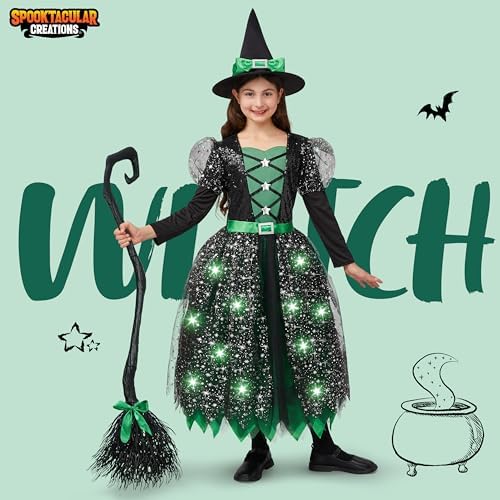 Spooktacular Creations Witch Costume Kids, Light Up Halloween Costumes Witch Dress with Hat and Broom for Girls, Sweet Wizard Set for Toddler Scary Halloween Themed Parties, Green, M