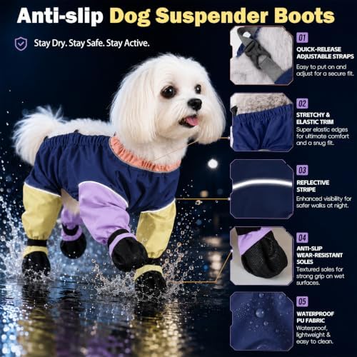 Waterproof Dog Boots Rain Boots with Suspender, Dogs Shoes Paw Protector for Small Medium Puppy, Anti-Slip Doggy Boot Belly Protector, Rain Booties Snow Pants Dogs Suspender Booties Leggings(M,colore)