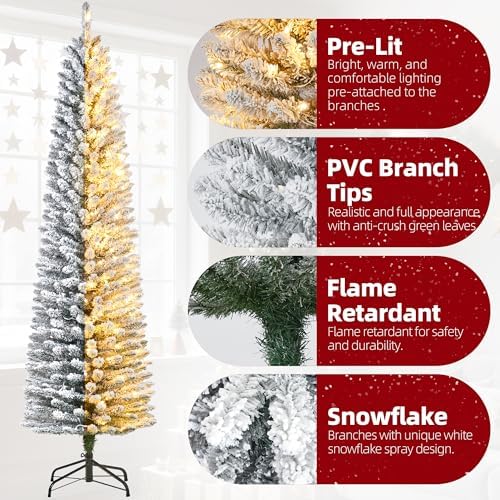 6Ft Pre-Lit Snow Flocked Pencil Christmas Tree, Fir Hinged Slim Skinny Corner Xmas Tree with 120 Incandescent Warm White Lights & Snow Branch Tips, White