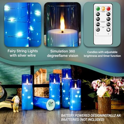 kakoya Flameless LED Candles with Timer 9 Pc Flickering Flameless Candles for Romantic Ambiance and Home Decoration Stable Acrylic Shell,with Embedded Star String，Battery Operated Candles（Blue）