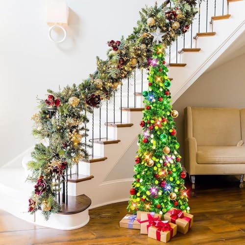 N&T NIETING Pop Up Christmas Tree with Lights & 30 Balls, 5Ft Collapsible Green Tinsel Christmas Tree Decoration for Holiday Xmas Home Office Decor