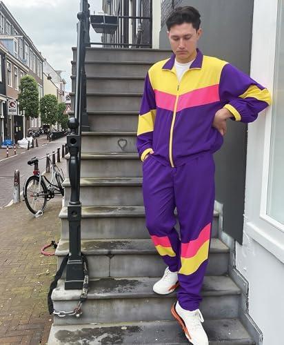 UOUA 80s Outfit for Men 90s Costumes 2 Piece Long Sleeve Track Suit Set