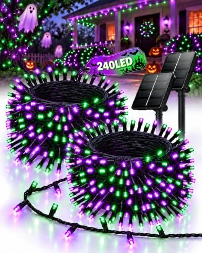 OZS Solar Halloween Lights Outdoor, Purple and Green 2 Pack 240LED