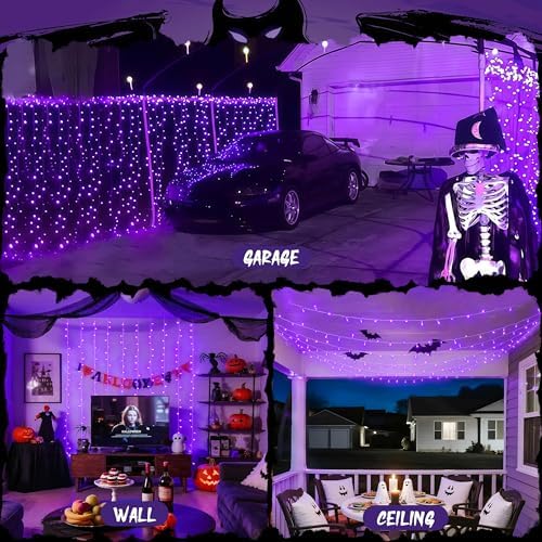 JMEXSUSS 300LED Purple Halloween Lights, 9.8x9.8ft Curtain Lights Plug in
