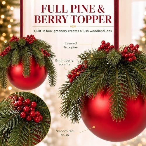 Yalikop 2 Pcs 8" Extra Large Red Christmas Ball Ornament with Pine Branches