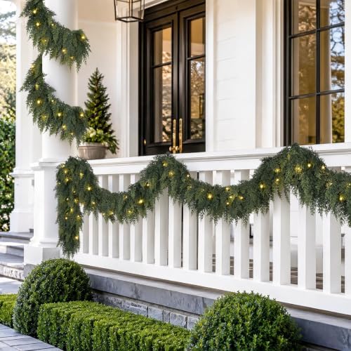 9FT Christmas Cedar Garland with Lights Prelit Pine Garland Christmas Decor (10, Green, 9FT)