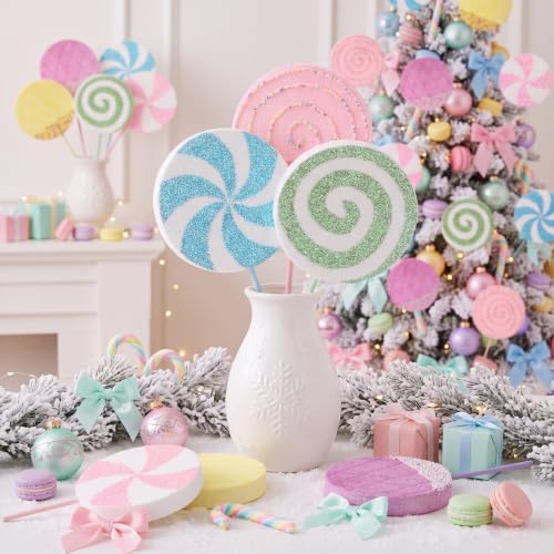 Roowest 12 Pcs 13.78'' Pastel Large Candy Christmas Decorations Giant Lollipop Candy Decoration with Sticks Macaron Peppermint Xmas Decor for Christmas Tree Ornament Holiday Party (Pastel,6 Styles)