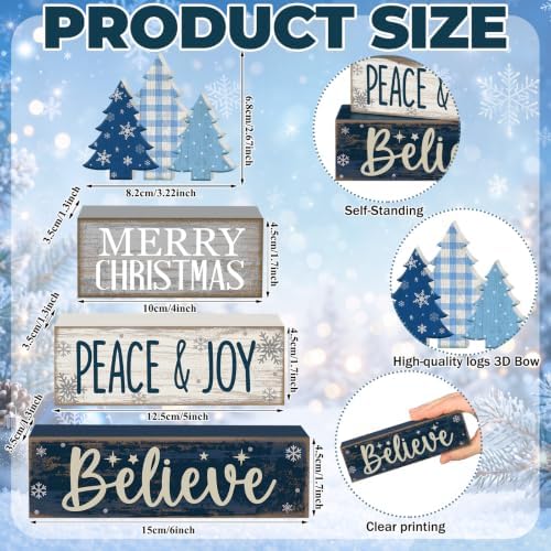 Moucuny 4 Pcs Christmas Table Decorations Blue Christmas Tree Stacked Wooden Sign Decor Rustic Winter Tiered Tray Decor Blue and White Xmas Table Centerpiece Farmhouse for Home Kitchen Shelf