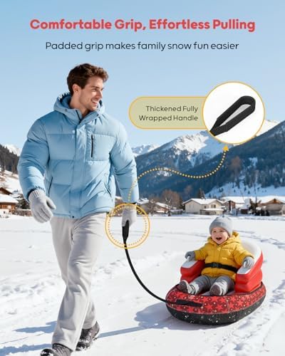 QPAU Snow Sled for Toddlers 1-3 with Canvas Cover, Inflatable Baby Sled with 3-Sided Protection, Tow Strap & Handles, Kids Snow Tube for Skiing & Sledding Outdoor Toys