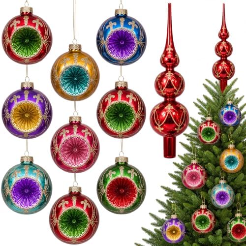 Yinder 10 Pcs Vintage Christmas Glass Ornament and Tree Topper for Tree