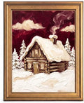 Framed Canvas Wall Art Expressive Winter Cozy Cabin Deep Red and Creamy White Impasto Canvas Print Poster Gold Frame Wall Decor for Living Room Rustic Art, Snowy Scene - Inch 24x36