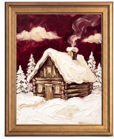 Framed Canvas Wall Art Expressive Winter Cozy Cabin Deep Red and Creamy White Impasto Canvas Print Poster Gold Frame Wall Decor for Living Room Rustic Art, Snowy Scene - Inch 24x36