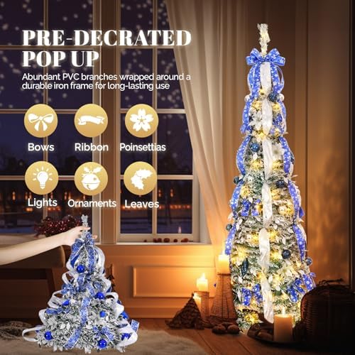 VINGLI 6ft Pre Lit Pop Up Flocked Pencil Christmas Tree with 150 Lights, Fully Decorated Collapsible Holiday Party Decoration (Blue&Silver)