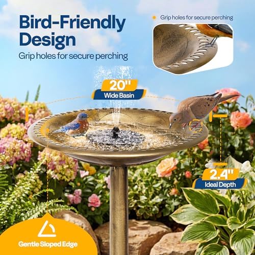 VIVOHOME Bird Bath with Solar Fountain for Outside, Pedestal, Golden