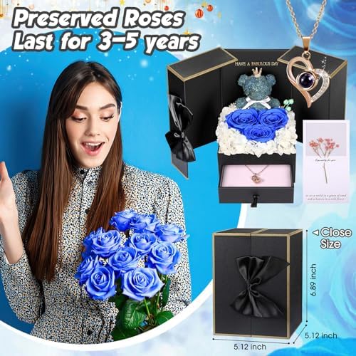 ADDWel Preserved Blue Rose & I Love You Necklace in 100 Languages, Romantic Gift for Wife, Girlfriend, Mom, Grandma on Valentine's Day, Birthday Anniversary