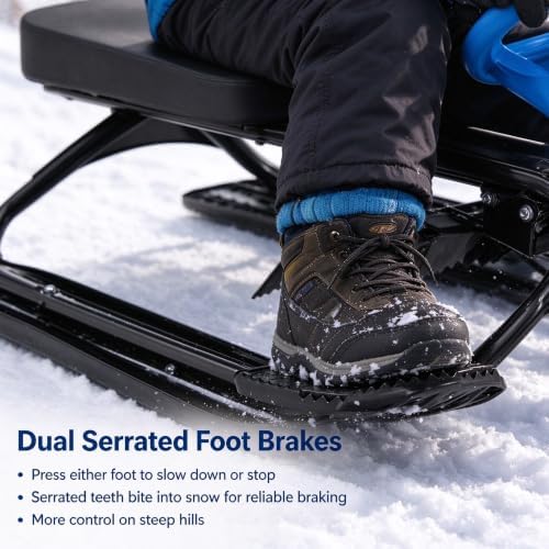 Snow Racer Sled 220.5lb Capacity Ice Skating Equipment, Ski Sled Slider Board for Kids & Adults, Snow Sled for Kids with Flexible Steering Wheel, Two Serrated Brakes, 18" Seat