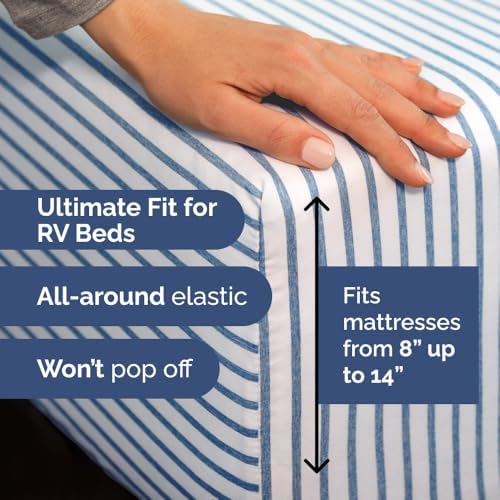 Short Queen Size 4 Piece Bed Sheet Set - RV Short Queen - Blue Stripes