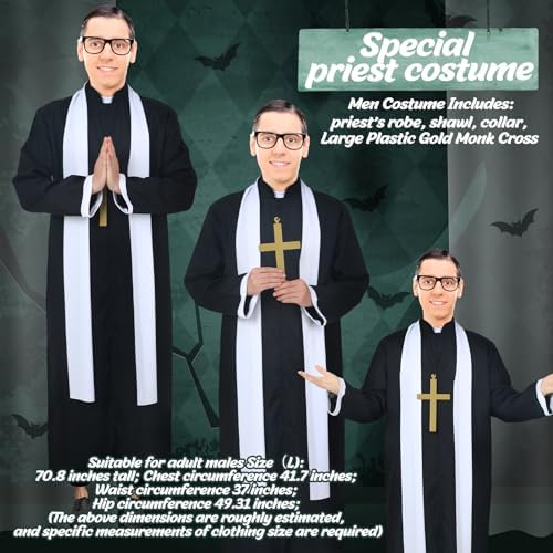 Shinymoon Halloween Priest Costume Nun Costume with Robe Cross Accessories Crucifix Necklace Prop for Women Men Adult, Black (Large)