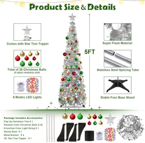 N&T NIETING Pop Up Christmas Tree with Lights & 30 Balls, 5Ft Collapsible Silver Tinsel Christmas Tree Decoration for Holiday Home Office Decor