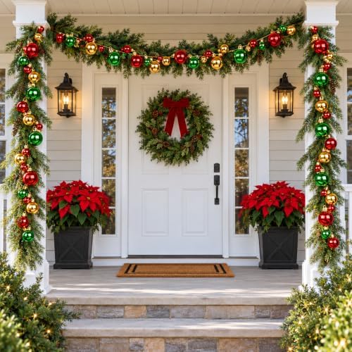 Whaline 2Pcs Christmas Ball Garland, Shatterproof, Red Green Gold, 6 Ft