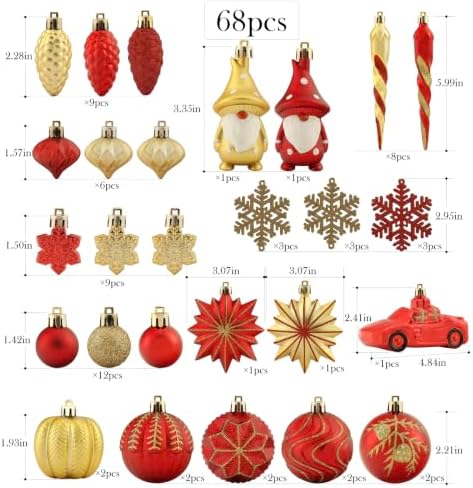68PCS Christmas Tree Ornaments Set, Red and Gold Christmas Balls and Assorted Decorations, Shatterproof Hanging Ornaments with Hooks for Xmas Tree, Holiday Party Home Decor