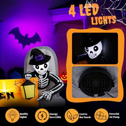 Outvita Halloween Inflatable Skeleton Tombstone Banner 9.6FT, Blow Up Outdoor Decoration with LEDs, Halloween Decor for Yard, Party, Garden, Party, Garden