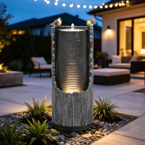 AUTODAYA 32" Bird Outdoor Fountain Distressed Fluted Column with Lights